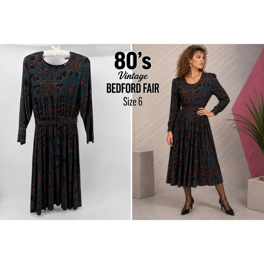 Vintage Bedford Fair Paisley Midi Dress Long Sleeve USA Made Women's Size 6 80's